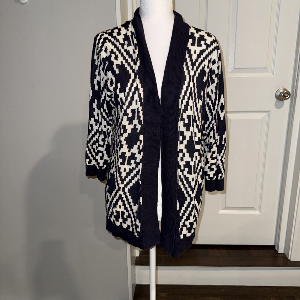Talbots Petites Navy White Geometric Ikat Open Front Cardigan Linen Cotton LP